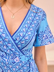 Sosandar Blue Scarf Print Satin Wrap Midi Dress - Image 5 of 5