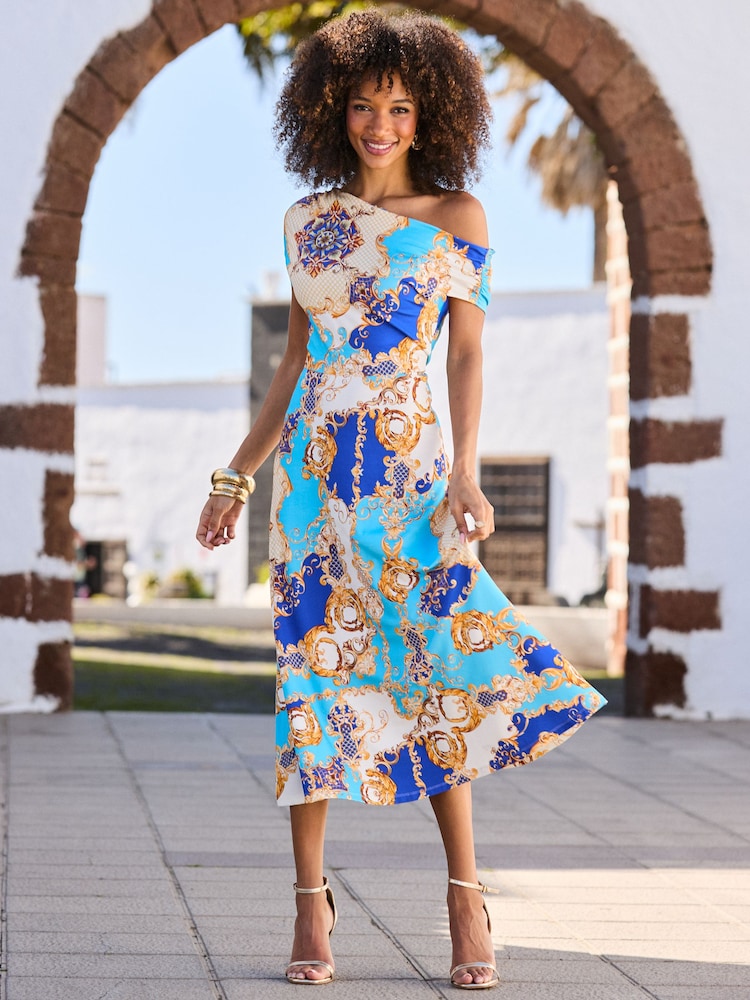 Sosandar Blue Baroque Print Off The Shoulder Fit & Flare Midi Dress - Image 1 of 5