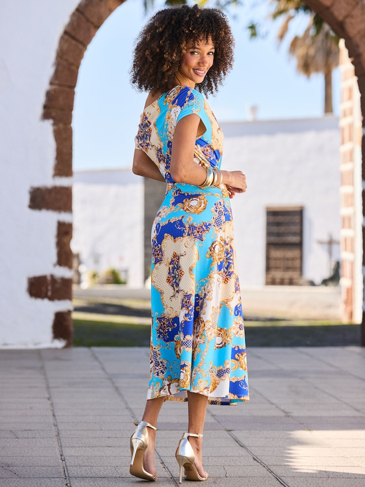 Sosandar Blue Baroque Print Off The Shoulder Fit & Flare Midi Dress - Image 2 of 5
