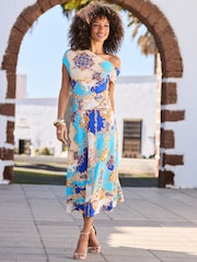 Sosandar Blue Baroque Print Off The Shoulder Fit & Flare Midi Dress - Image 4 of 5