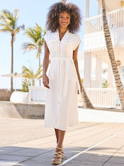Sosandar White Linen Blend Belted Zip Through Utility Shirt Dress - Image 1 of 5