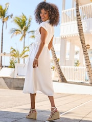 Sosandar White Linen Blend Belted Zip Through Utility Shirt Dress - Image 2 of 5