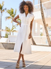 Sosandar White Linen Blend Belted Zip Through Utility Shirt Dress - Image 3 of 5