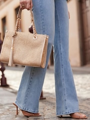 Sosandar Gold Metallic Tassel Detail Raffia Tote Bag - Image 1 of 5