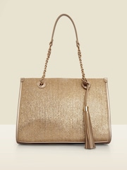 Sosandar Gold Metallic Tassel Detail Raffia Tote Bag - Image 3 of 5