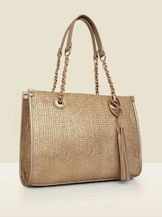 Sosandar Gold Metallic Tassel Detail Raffia Tote Bag - Image 4 of 5