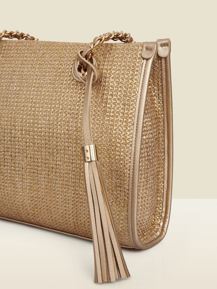 Sosandar Gold Metallic Tassel Detail Raffia Tote Bag - Image 5 of 5