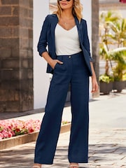 Sosandar Navy Blue Petite Linen Blend Wide Leg Trousers - Image 1 of 5