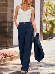 Sosandar Navy Blue Petite Linen Blend Wide Leg Trousers - Image 3 of 5