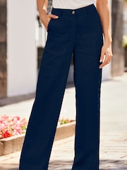 Sosandar Navy Blue Petite Linen Blend Wide Leg Trousers - Image 4 of 5