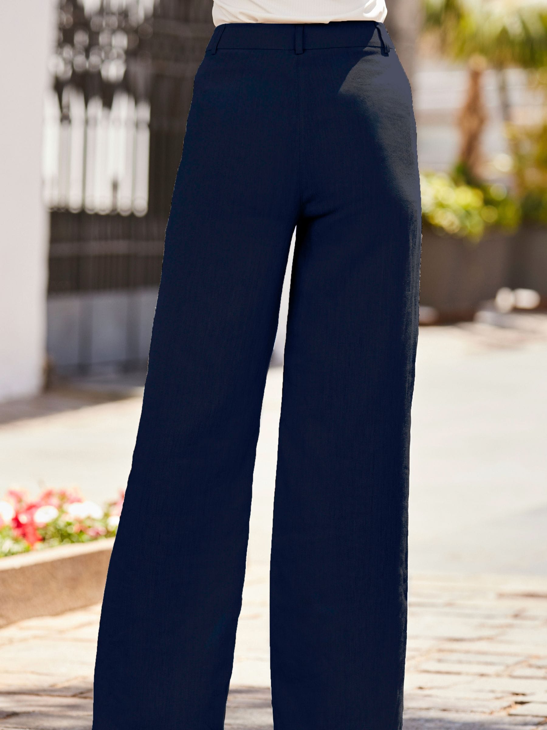 Buy Sosandar Navy Blue Petite Linen Blend Wide Leg Trousers from