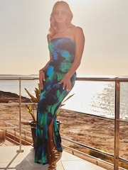 Sosandar Blue Petite Watercolour Print Bandeau Maxi Dress - Image 3 of 5