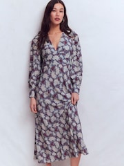 Boden Blue V-Neck Blouson Sleeve Dress - Image 2 of 6