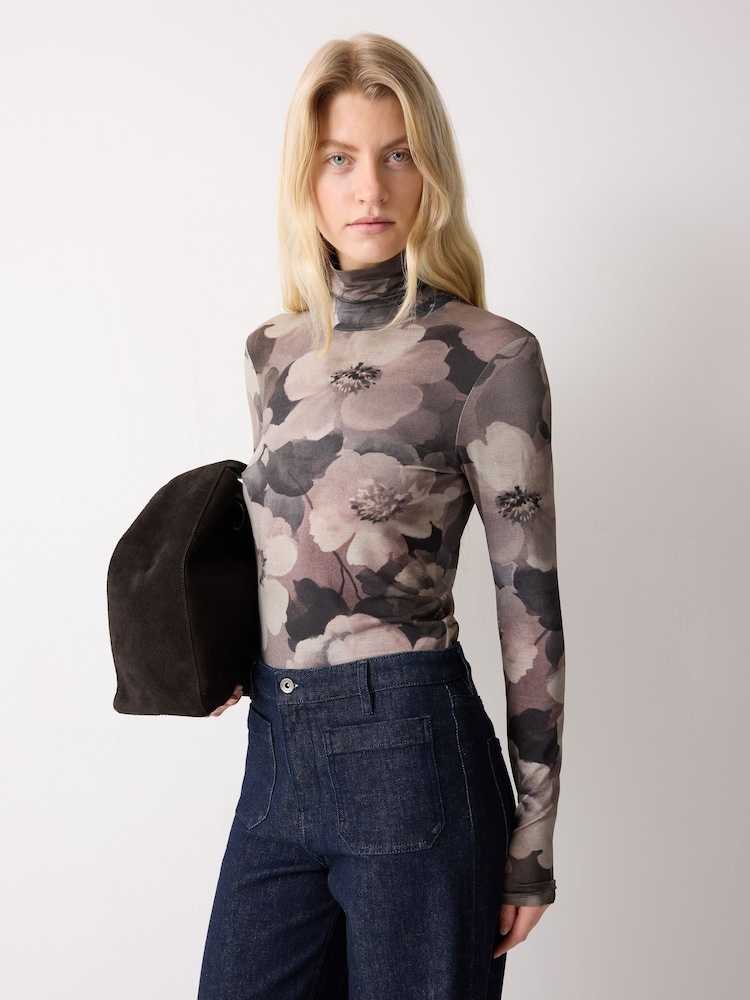Jigsaw Grey Antique Floral Printed Polo Top - Image 1 of 3