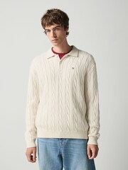 Ekru balts - Cable Knitted Polo Jumper with Wool - Attēls 2 no 5