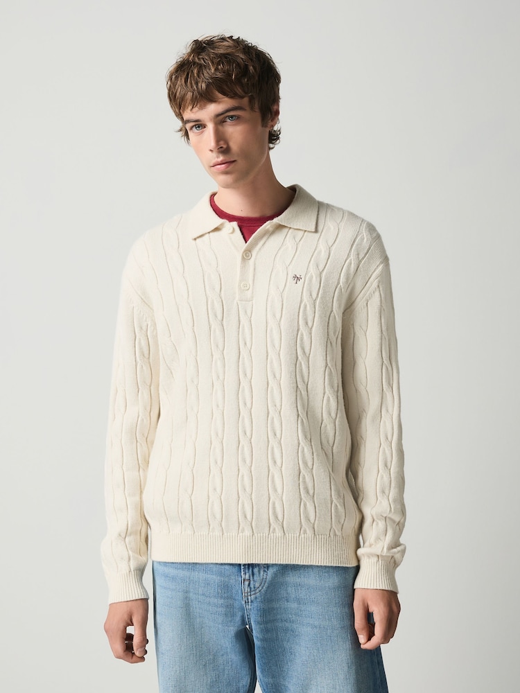 Ekru balts - Cable Knitted Polo Jumper with Wool - Attēls 2 no 5