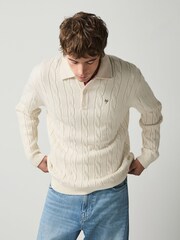 Ekru balts - Cable Knitted Polo Jumper with Wool - Attēls 3 no 5