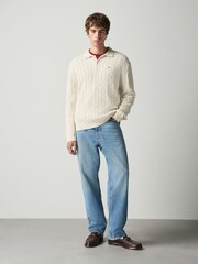Ekru balts - Cable Knitted Polo Jumper with Wool - Attēls 4 no 5