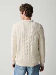 Ekru balts - Cable Knitted Polo Jumper with Wool - Attēls 5 no 5