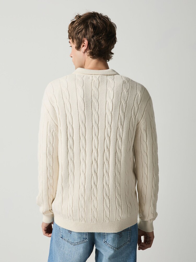 Ekru balts - Cable Knitted Polo Jumper with Wool - Attēls 5 no 5