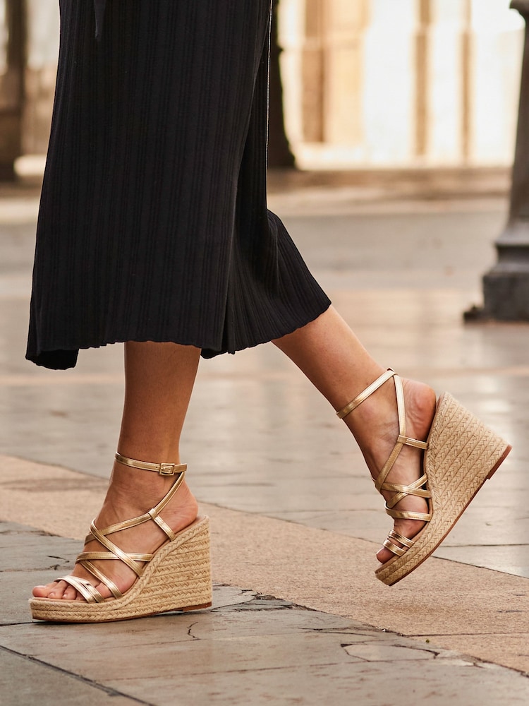 Sosandar Gold Leather Strappy Wedge Espadrilles - Image 1 of 5
