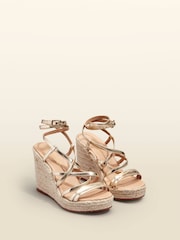 Sosandar Gold Leather Strappy Wedge Espadrilles - Image 3 of 5