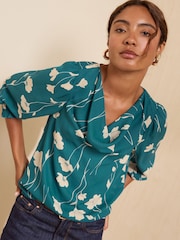 Friends Like These Teal Floral Cowl Neck Shirred Cuff Blouse - Image 1 of 5
