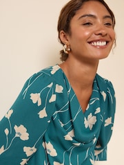 Friends Like These Teal Floral Cowl Neck Shirred Cuff Blouse - Image 2 of 5