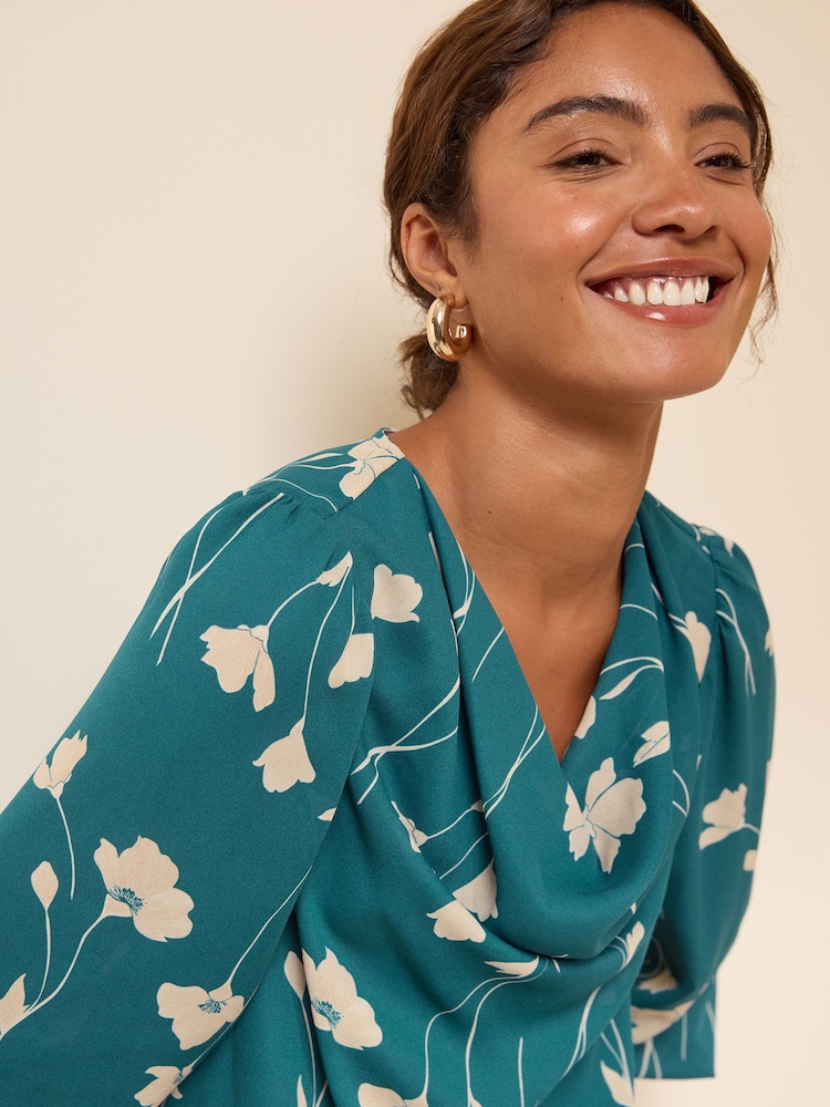 Friends Like These Teal Floral Cowl Neck Shirred Cuff Blouse - Image 2 of 5 Friends Like These Teal Floral Cowl Neck Shirred Cuff Blouse - Image 2 of 5