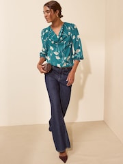Friends Like These Teal Floral Cowl Neck Shirred Cuff Blouse - Image 3 of 5