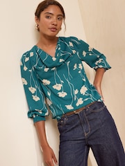 Friends Like These Teal Floral Cowl Neck Shirred Cuff Blouse - Image 4 of 5