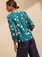 Friends Like These Teal Floral Cowl Neck Shirred Cuff Blouse - Image 5 of 5