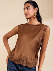 Friends Like These Caramel Premium Satin Lace Sleeve Top - Image 1 of 6