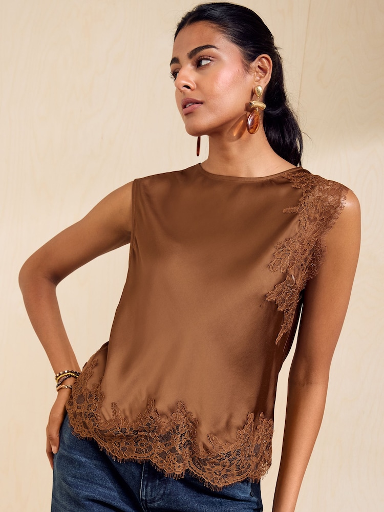 Friends Like These Caramel Premium Satin Lace Sleeve Top - Image 1 of 6 Friends Like These Caramel Premium Satin Lace Sleeve Top - Image 1 of 6