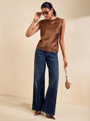Friends Like These Caramel Premium Satin Lace Sleeve Top - Image 4 of 6