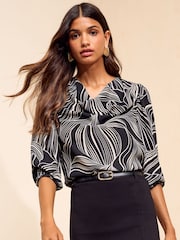Friends Like These Black Printed Cowl Neck Shirred Cuff Blouse - Image 1 of 5