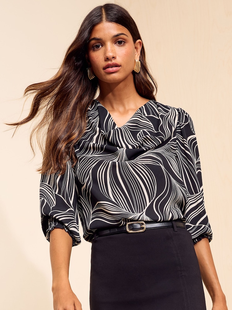 Friends Like These Black Printed Cowl Neck Shirred Cuff Blouse - Image 1 of 5 Friends Like These Black Printed Cowl Neck Shirred Cuff Blouse - Image 1 of 5