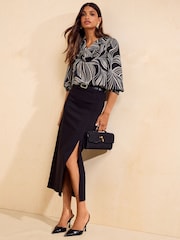 Friends Like These Black Printed Cowl Neck Shirred Cuff Blouse - Image 3 of 5