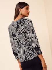Friends Like These Black Printed Cowl Neck Shirred Cuff Blouse - Image 5 of 5