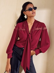 Friends Like These Red Lace Detail Long Sleeve Tie Neck Blouse - Image 1 of 5