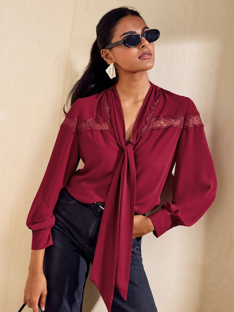 Friends Like These Red Lace Detail Long Sleeve Tie Neck Blouse - Image 1 of 5 Friends Like These Red Lace Detail Long Sleeve Tie Neck Blouse - Image 1 of 5