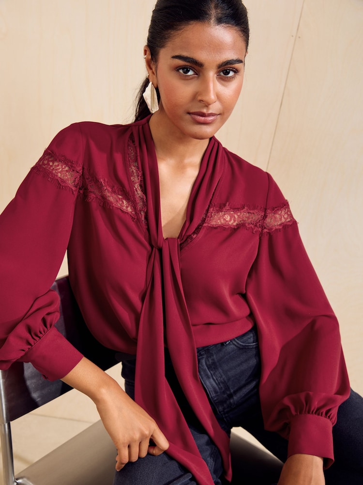Friends Like These Red Lace Detail Long Sleeve Tie Neck Blouse - Image 2 of 5 Friends Like These Red Lace Detail Long Sleeve Tie Neck Blouse - Image 2 of 5