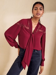 Friends Like These Red Lace Detail Long Sleeve Tie Neck Blouse - Image 3 of 5