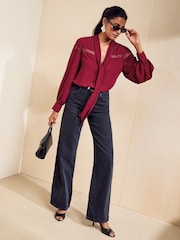 Friends Like These Red Lace Detail Long Sleeve Tie Neck Blouse - Image 4 of 5