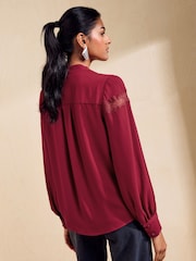 Friends Like These Red Lace Detail Long Sleeve Tie Neck Blouse - Image 5 of 5