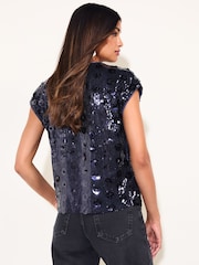 Friends Like These Navy Short Sleeve Sequin Blouse - Image 4 of 5