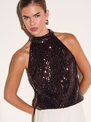 Friends Like These Chocolate Brown Premium Sequin Halterneck Top - Image 1 of 6