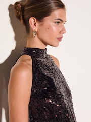 Friends Like These Chocolate Brown Premium Sequin Halterneck Top - Image 3 of 6