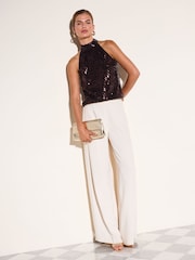 Friends Like These Chocolate Brown Premium Sequin Halterneck Top - Image 4 of 6