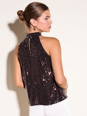 Friends Like These Chocolate Brown Premium Sequin Halterneck Top - Image 5 of 6